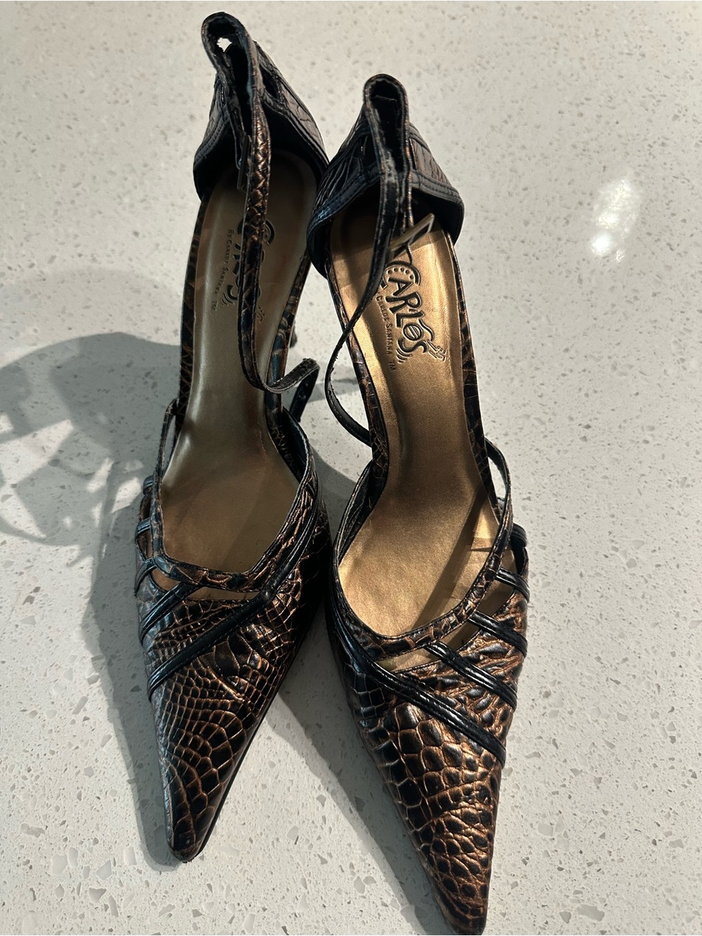 Vintage Carlos Santana Pointed Toe Ankle Strap Metallic Brown Black Heels 8
